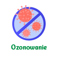  Okrągły znak zakazu z niebieskim przekreśleniem, przedstawiający trzy czerwone wirusy z kolcami na ciemnoszarym tle.