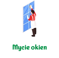  Mężczyzna w czerwonej koszuli i białym fartuchu, w rękawicach, myjący duże okno z niebieskimi ramami na białym tle.