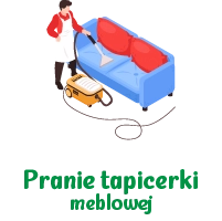  Mężczyzna w fartuchu i czerwonej koszuli, czyści niebieską sofę z czerwonymi poduszkami za pomocą odkurzacza piorącego.